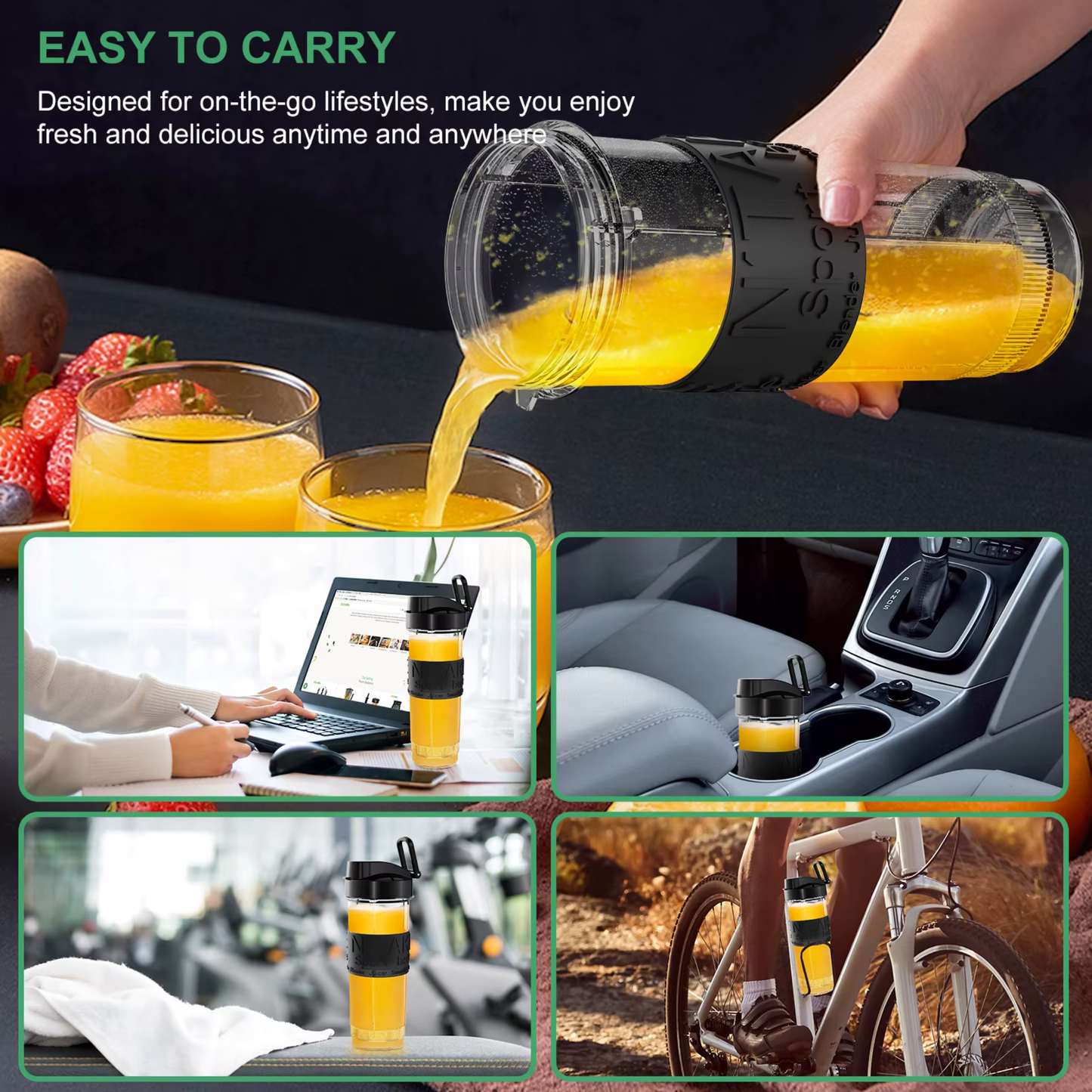 Collage of a portable BioloMix Portable Juice bender pouring orange juice into a glass, used in various settings.