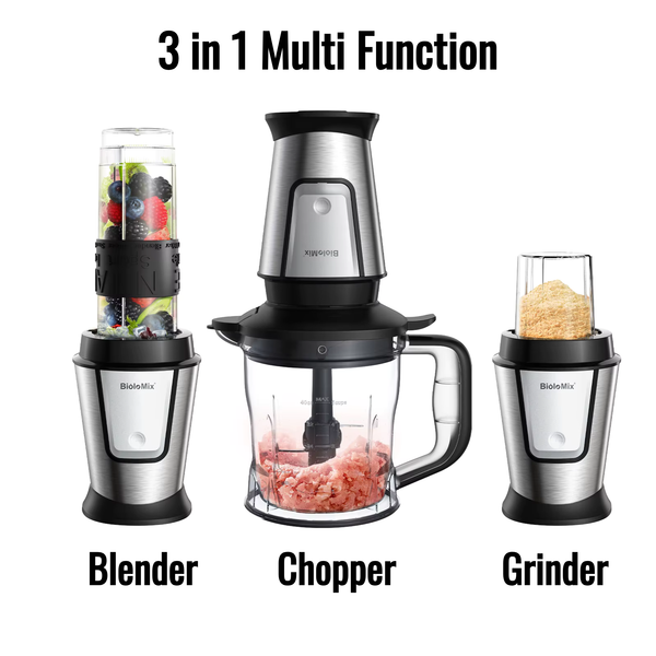BioloMix 3-in-1 Multifunctional Food Processor 700W Portable Juicer Blender Personal Smoothie Mixer Food Chopper and Dry Grinder