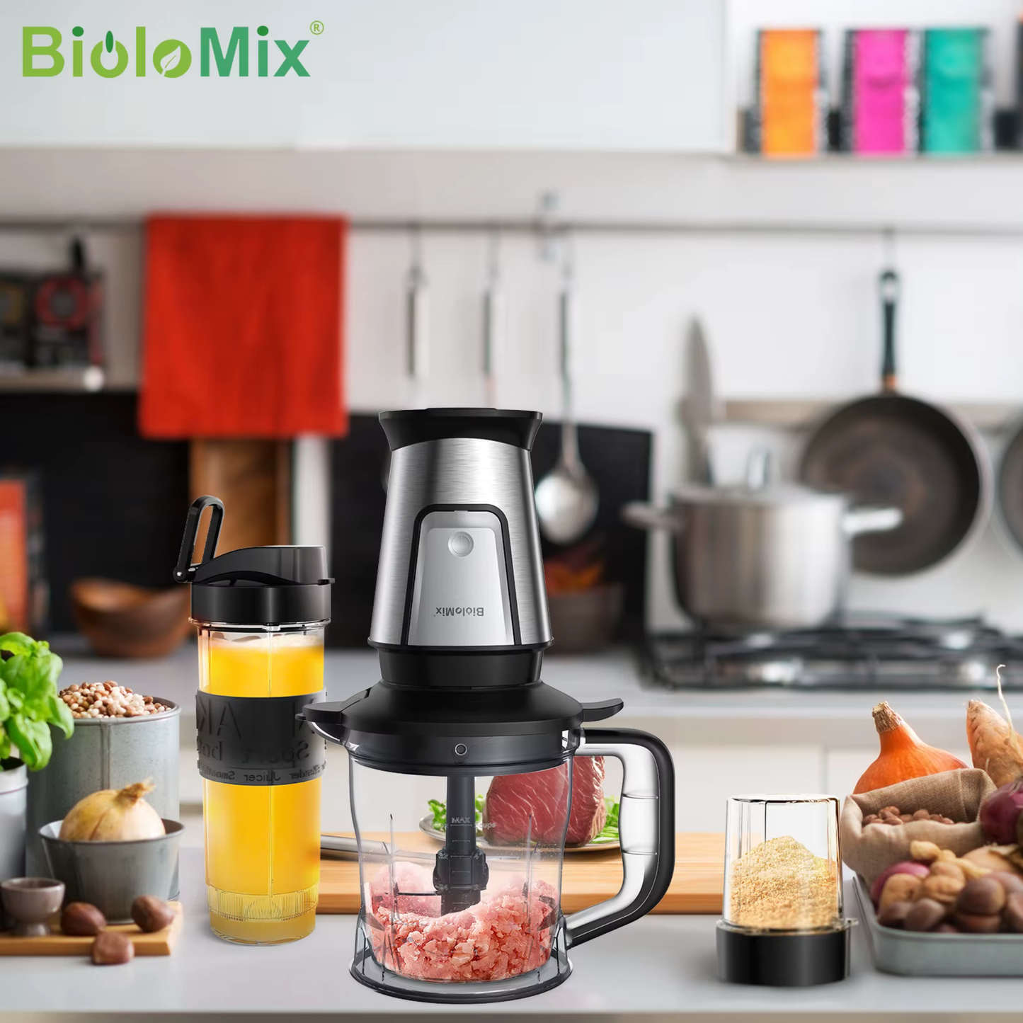 BioloMix 3-in-1 Multifunctional Food Processor 700W Portable Juicer Blender Personal Smoothie Mixer Food Chopper and Dry Grinder