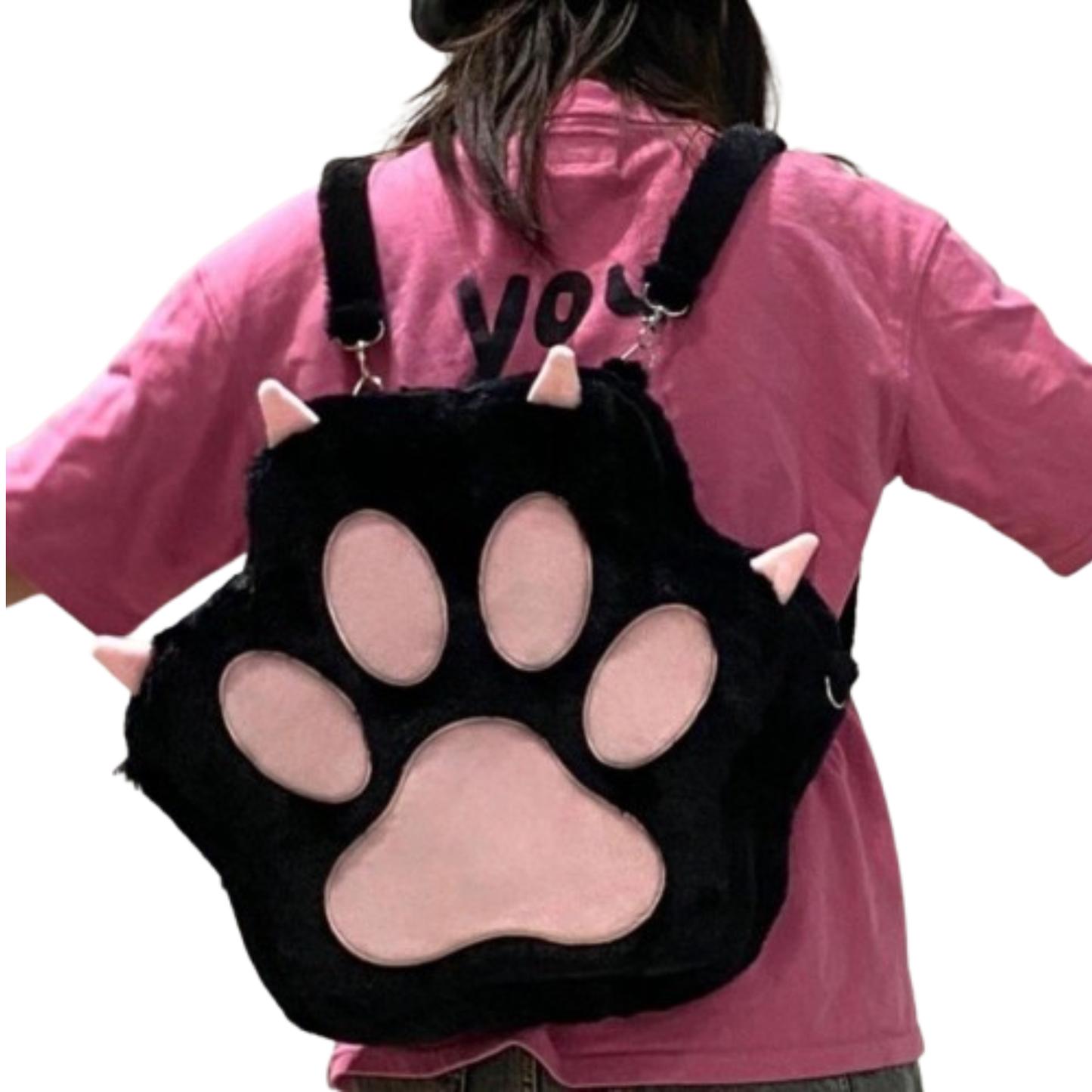 Person wearing a pink shirt with a black paw-shaped backpack.