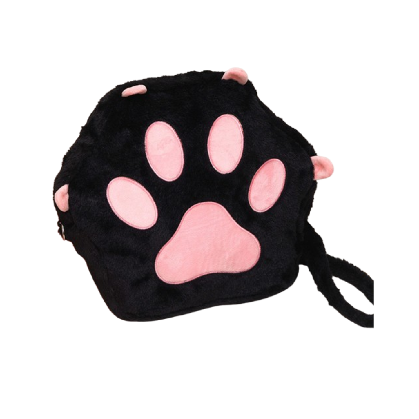 Black plush bag with pink paw print design on a white background