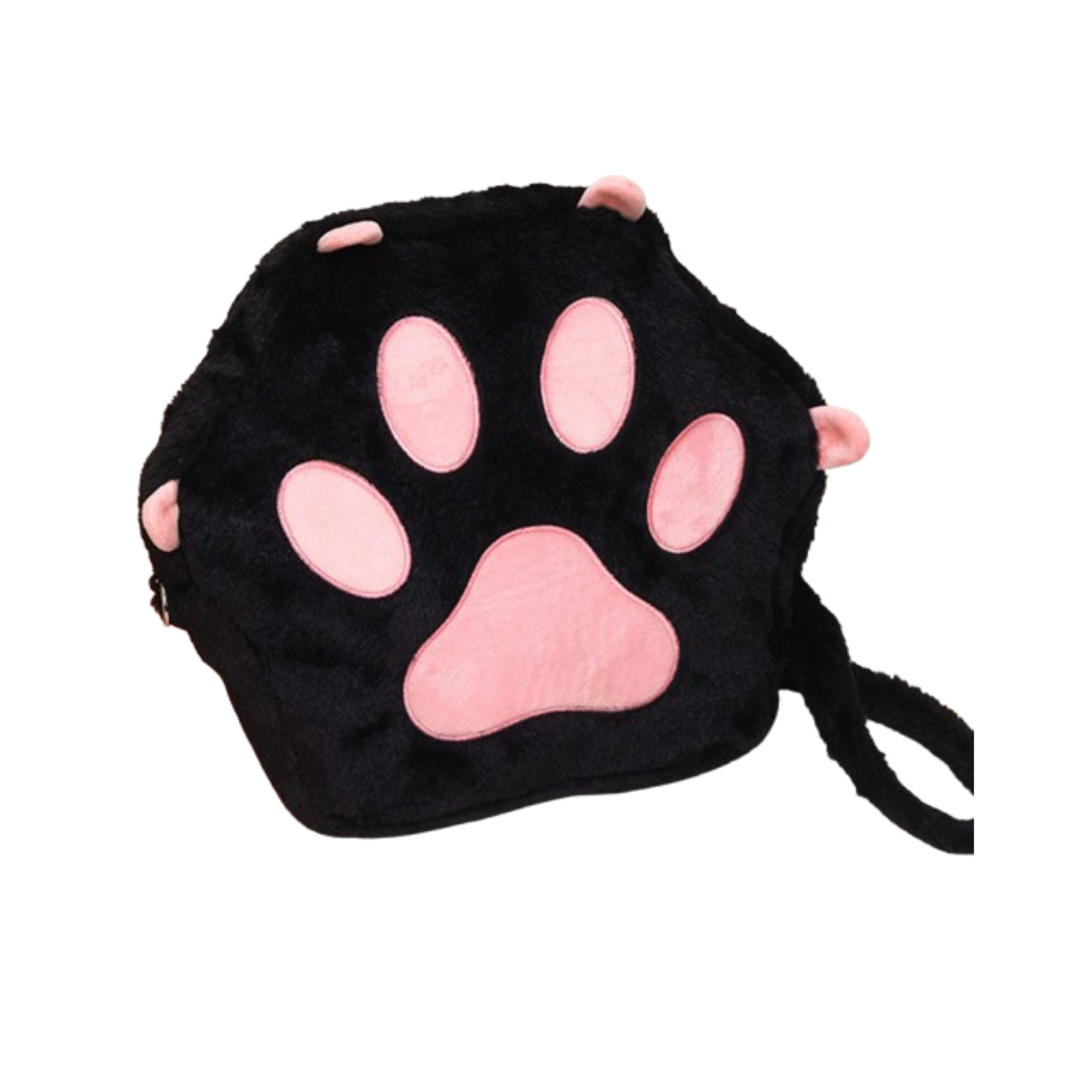 Black plush bag with pink paw print design on a white background