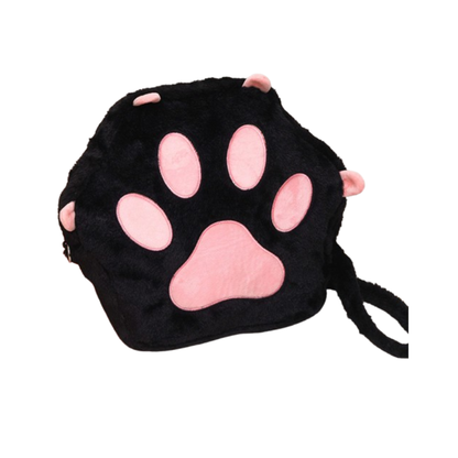 Black plush bag with pink paw print design on a white background