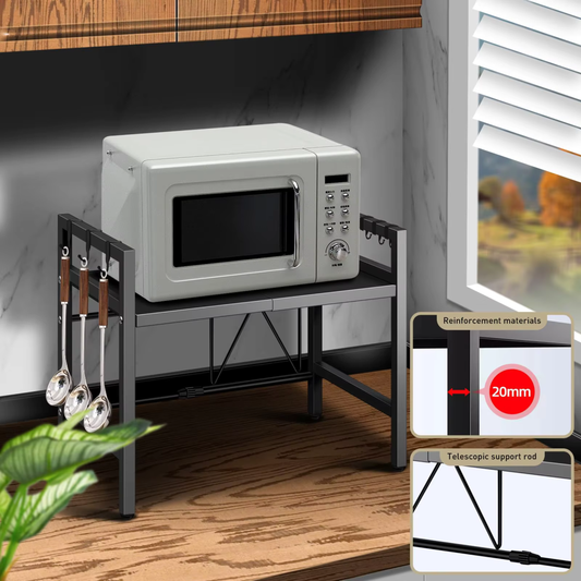 Microwave on a stand with Expandable Shelf in a kitchen setting
