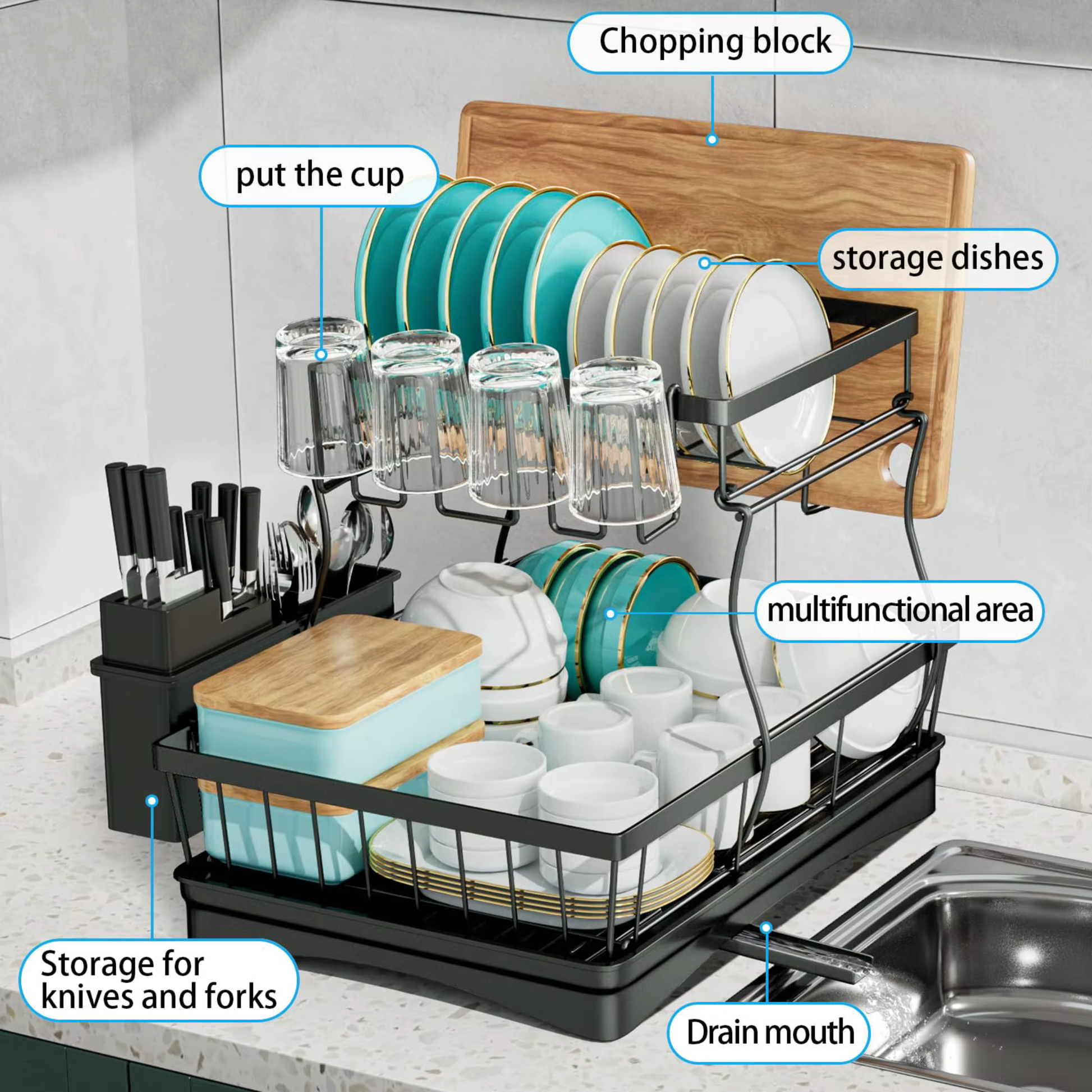 Dish drying rack with labeled components in a kitchen setting