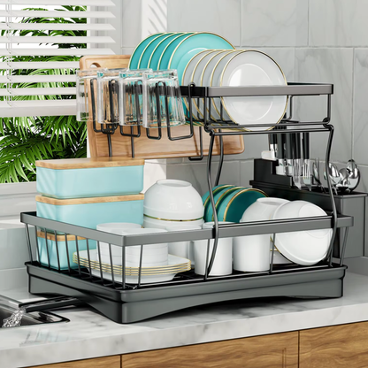 Dish drying rack with dishes on a kitchen counter