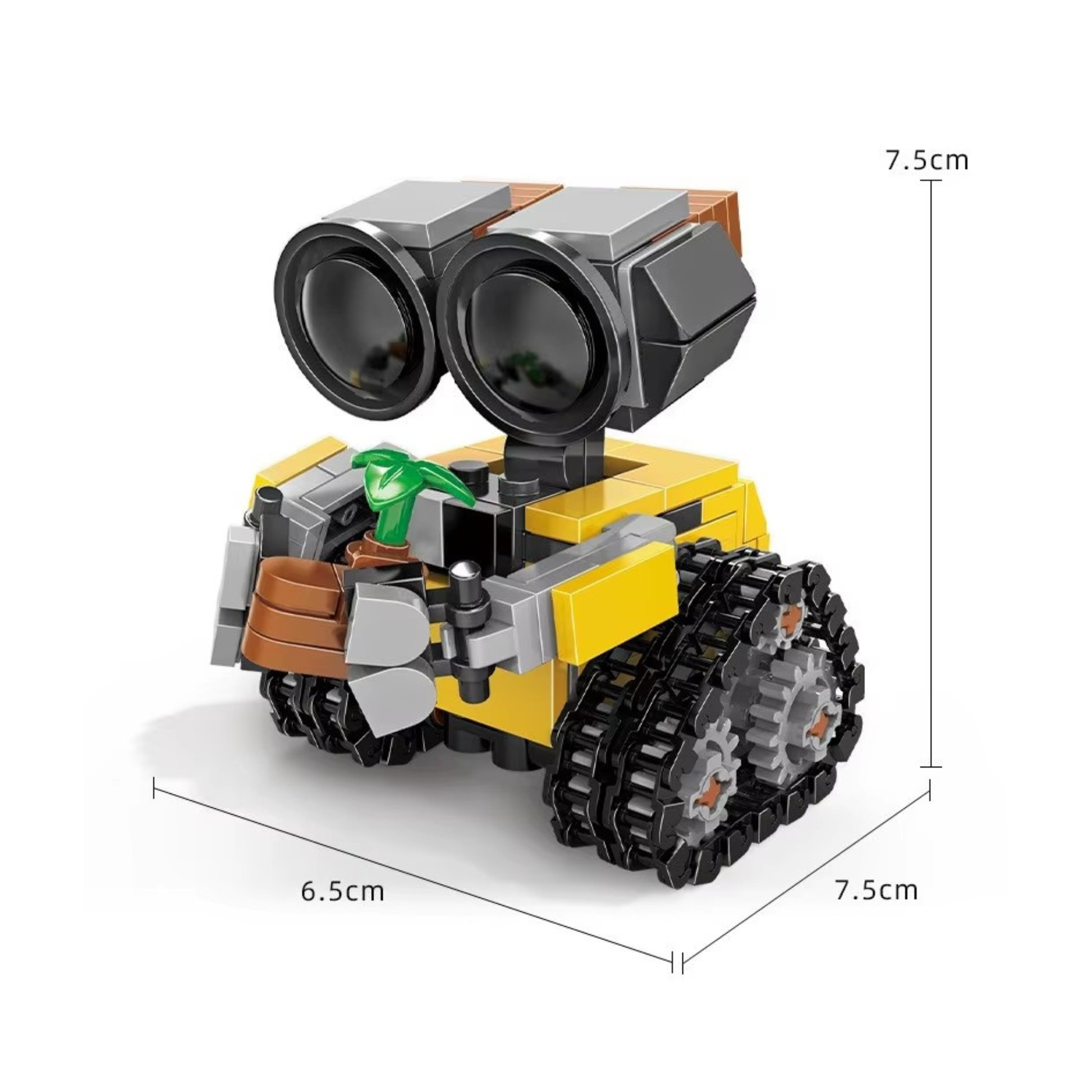Toy robot model with measurements on a white background