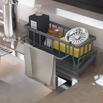 Dishwasher rack with dishes and cleaning supplies in a kitchen setting